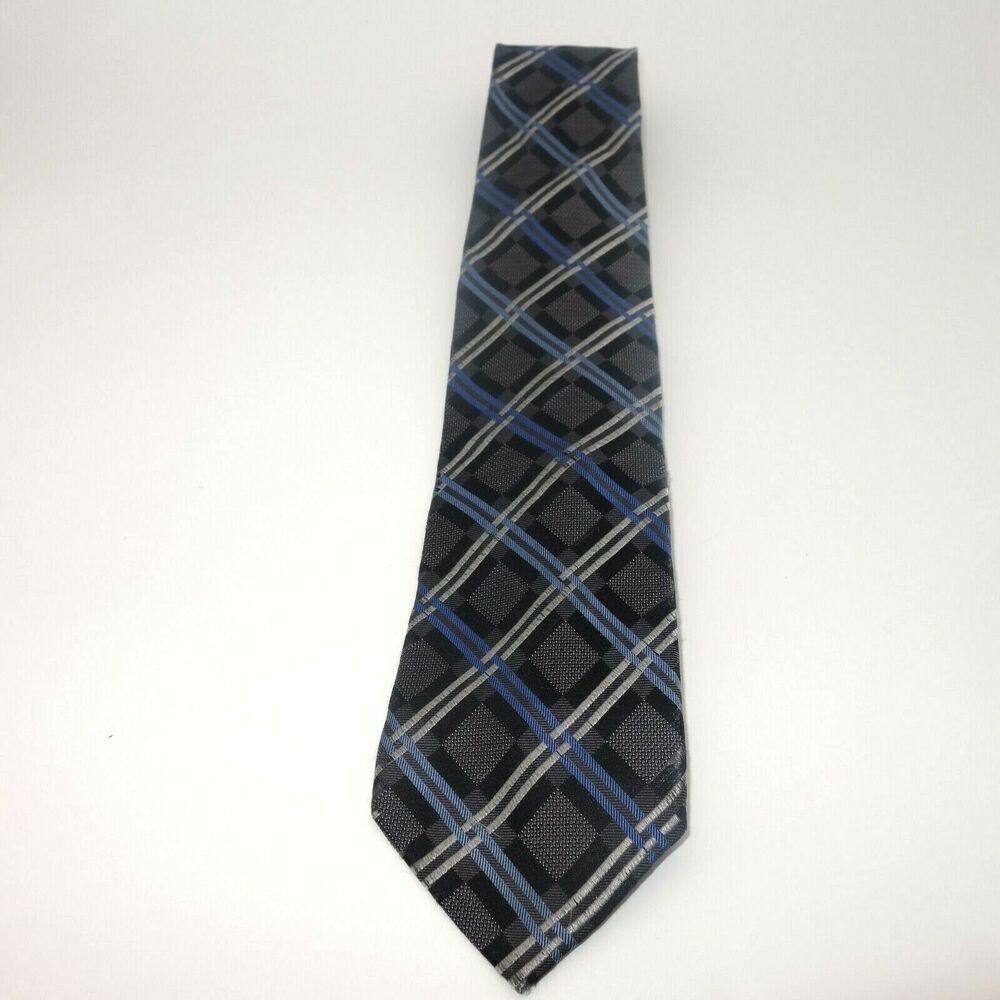 Michael Kors Classic Men's Tie Gray Black Blue Windowpane Argyle Stripe